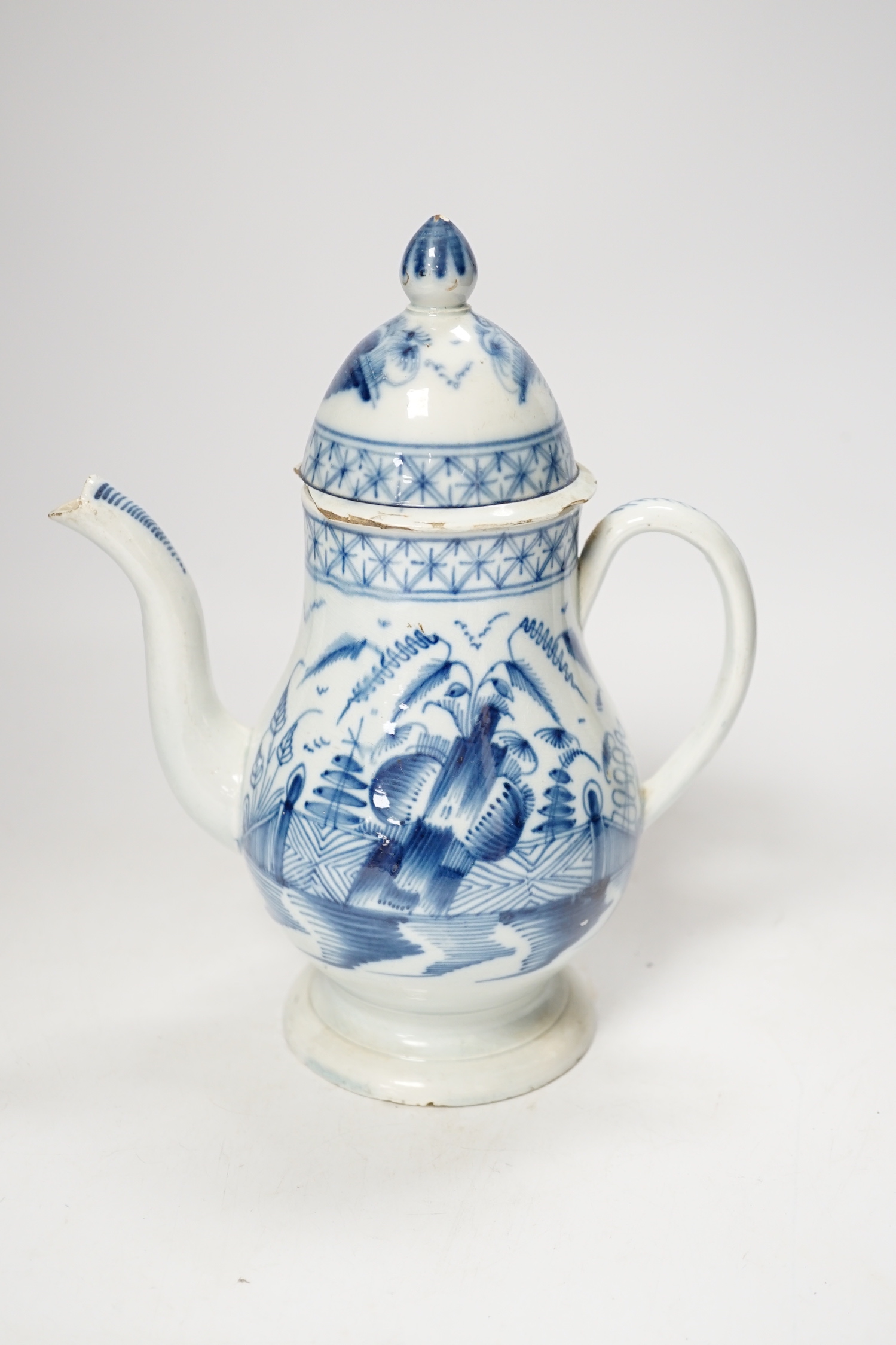 A late 18th century blue and white pearlware coffee pot and cover, 22cm high